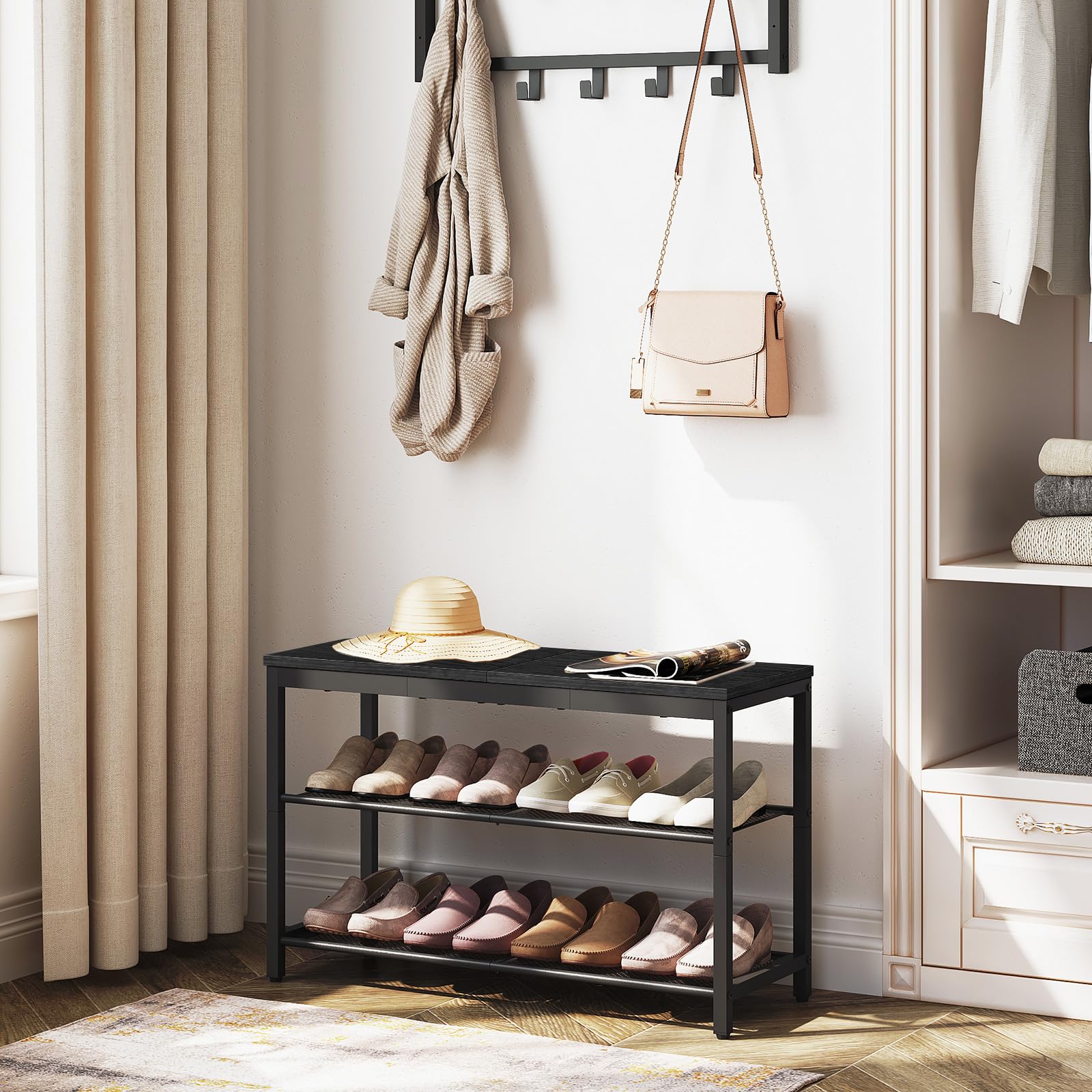 HOOBRO Shoe Bench, 3-Tier Shoe Rack, Industrial Shoe Organizer Storage Bench, 29.5 inches Entry Bench with Mesh Shelves, for Entryway, Living Room, Hallway, Easy Assembly, Black BB75HX01
