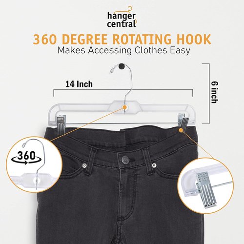 Hanger Central Premium 14-Inch Clear Pants Hangers - Adjustable Clips & Non-Slip Design | 12-Pack Heavy-Duty Closet Organizers