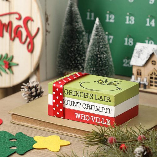 Grinch Christmas Decor - Wood Book Stack for Farmhouse Tiered Tray | Festive Home Table Decor