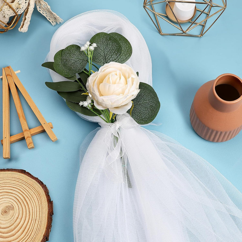 Skiennix Wedding Aisle Decorations - 39.4" Artificial Silk Rose Flowers with Long Tulle Tails - Champagne