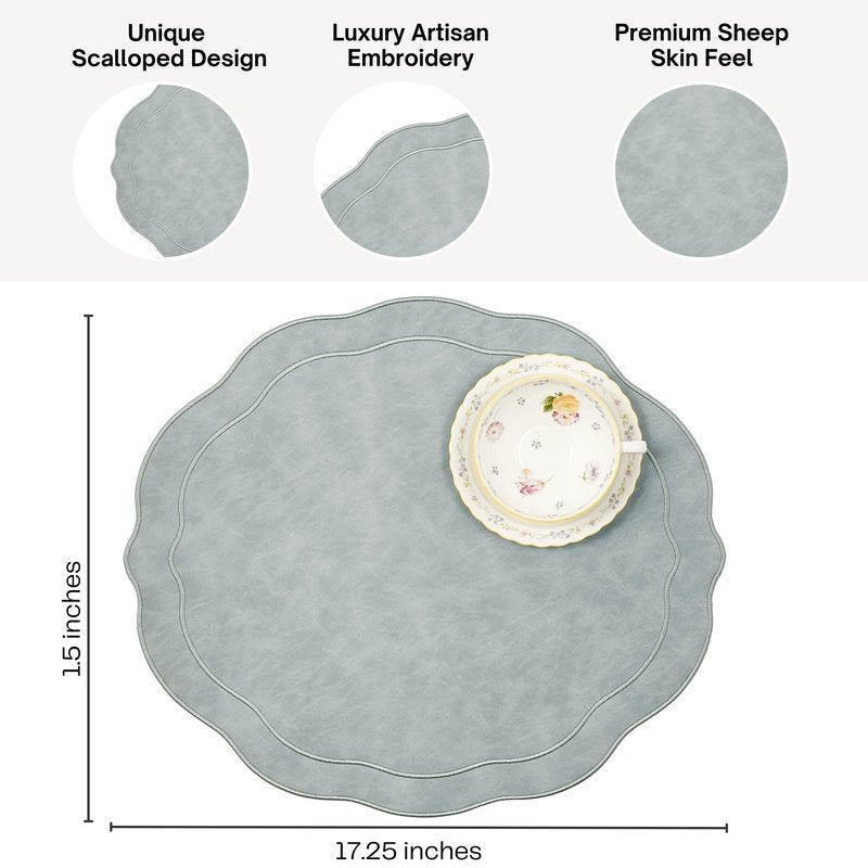 Bryonia Embroidered Scalloped Faux Leather Placemats Set of 4 - Earth Tone, Soft, Wipeable Luxury Dinner Table Mats for Dining & Wedding, Gift for Mom, 17.25" x 15", Light Blue Gray
