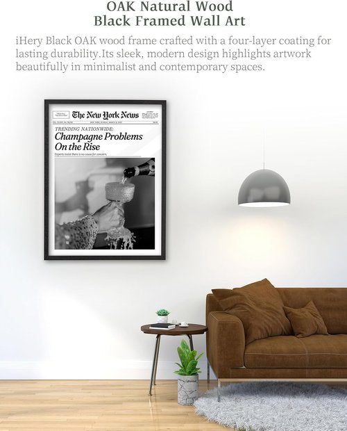 iHery Premium Natural Black Oak Wood Wall Art - Trendy Champagne Problems Newspaper Canvas | 16x20in Framed Decor for Dorm & Living Room