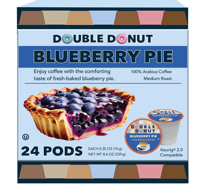 Double Donut Coffee Blueberry Coffee Pods, Single Serve Blueberry Flavored Coffee Pods, Medium Roast Coffee for Keurig K Cups Brewers, 24 Count