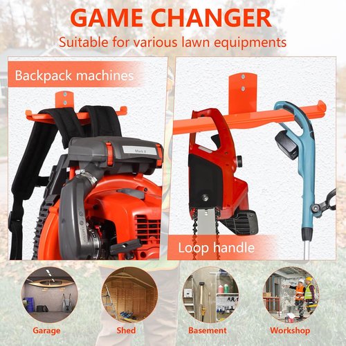Backpack Blower Rack - Heavy Duty Wall Mount with Hose Holder & Dual-Sided Hooks | 330lbs Capacity