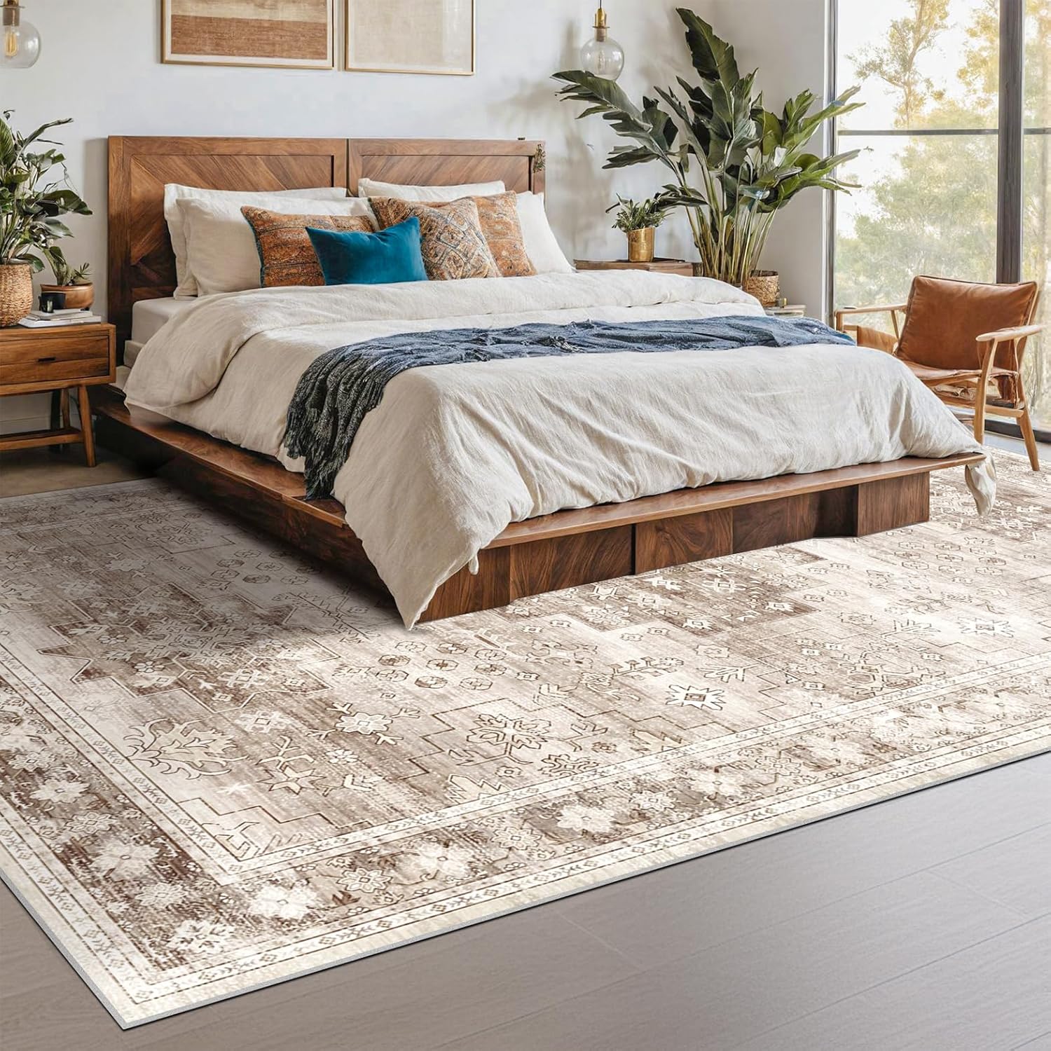 Regine Switzerland Washable Farmhouse Living Room Rug - 9x12 Large Boho Vintage Non-Slip Carpet in Beige/Latte