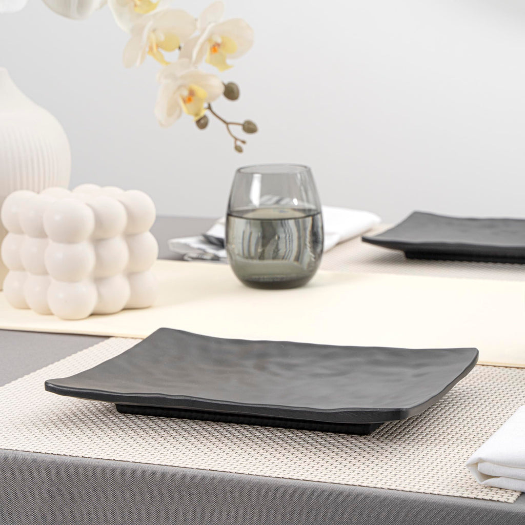 Restaurantware Voga 9.8 x 6.8 Inch Rectangle Serving Plates 4 Medium Sushi Platters - Faux Slate Dishwashable Black Melamine Japanese Style Plates For Appetizers Entrees Or Desserts