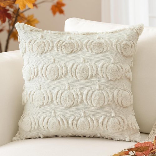Artscope Fall Pillow Covers 18 x 18 Set of 2 Decorative Autumn Harvest Holiday Pumpkin Throw Pillow Cases Soft Plush Faux Fur Couch Cushion Case for Farmhouse Halloween Sofa Bed Room Home Decor-Beige