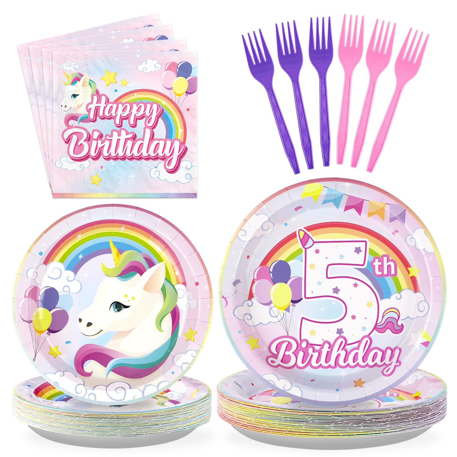 Grencian 96Pcs Unicorn 5th Birthday Party Decorations for Girls Rainbow Unicorn Plates and Napkins Disposable Paper Tableware Set for Kids Girls 5 Year Old Birthday Party Supplies, Serves 24