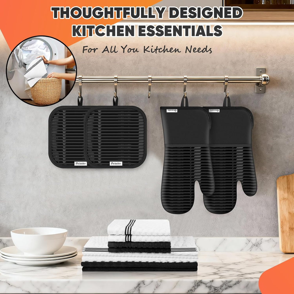 Skiennix Oven Mitts Set - Heat Resistant 500°F with Silicone Grip | Includes 2 Gloves, 2 Potholders, 4 Towels
