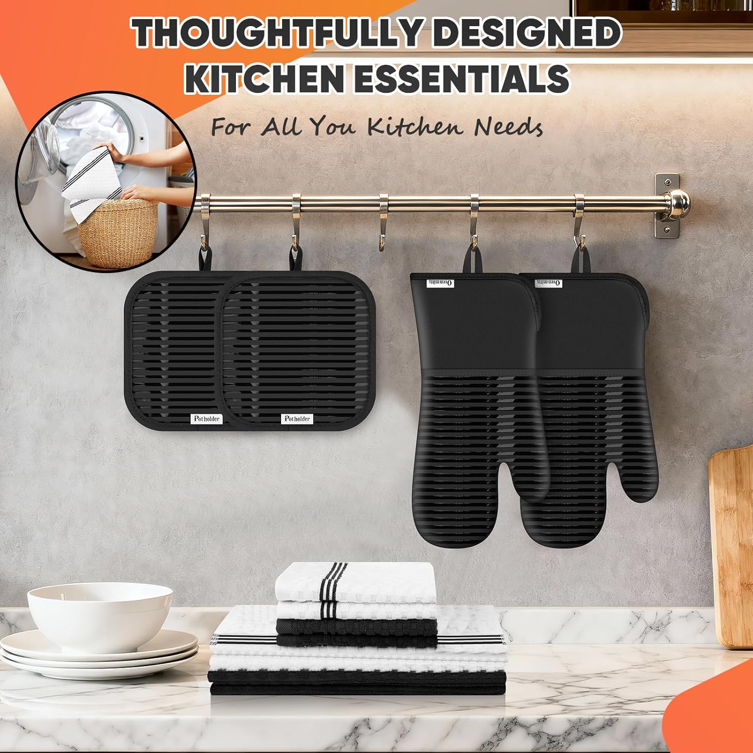 Skiennix Oven Mitts Set - Heat Resistant 500°F with Silicone Grip | Includes 2 Gloves, 2 Potholders, 4 Towels