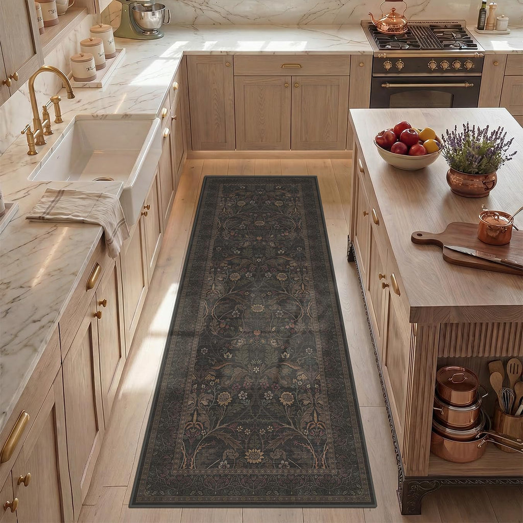 Regine Switzerland Washable 2x6 Kitchen Runner Rug - Non-Slip Dark Brown Floral Design for Farmhouse & Cabin
