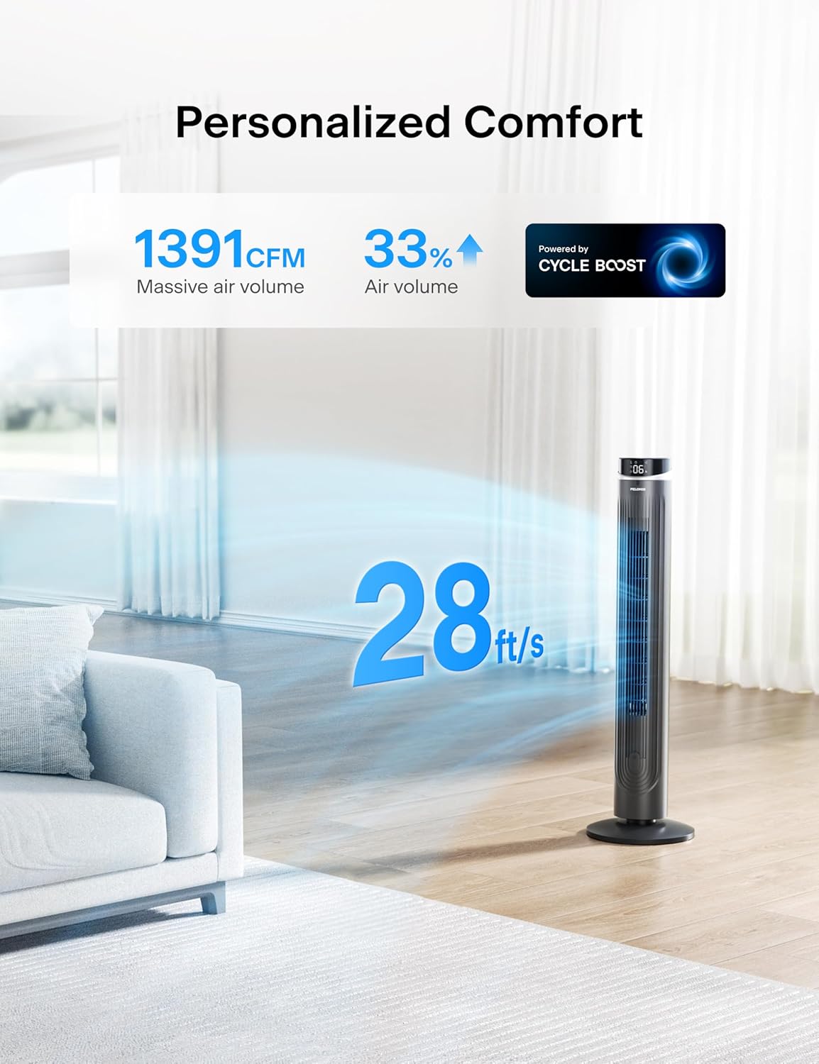 Pelonis 42-Inch Tower Fan - Quiet 90° Oscillation, 5 Speeds, Remote Control & 12H Timer | Ideal for Bedrooms