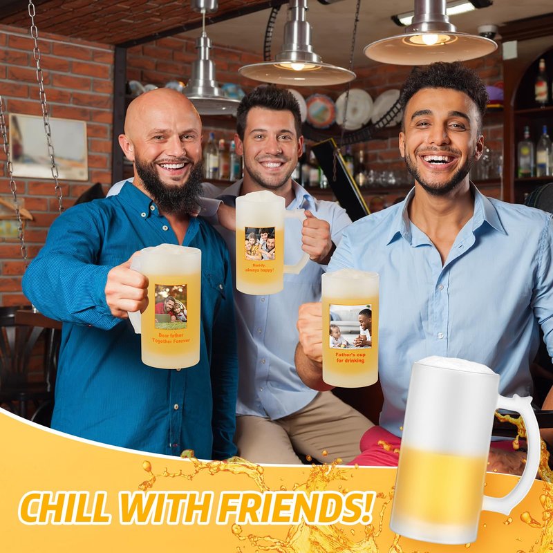 Mifoci 2 Pcs Sublimation Blank Beer Mugs Personalized Tazas Para Present 16 oz Frosted Beer Glass Cups Can Add Photo Text or Images on Gift for Dad Husband Groomsmen Father's Day Wedding Oktoberfest