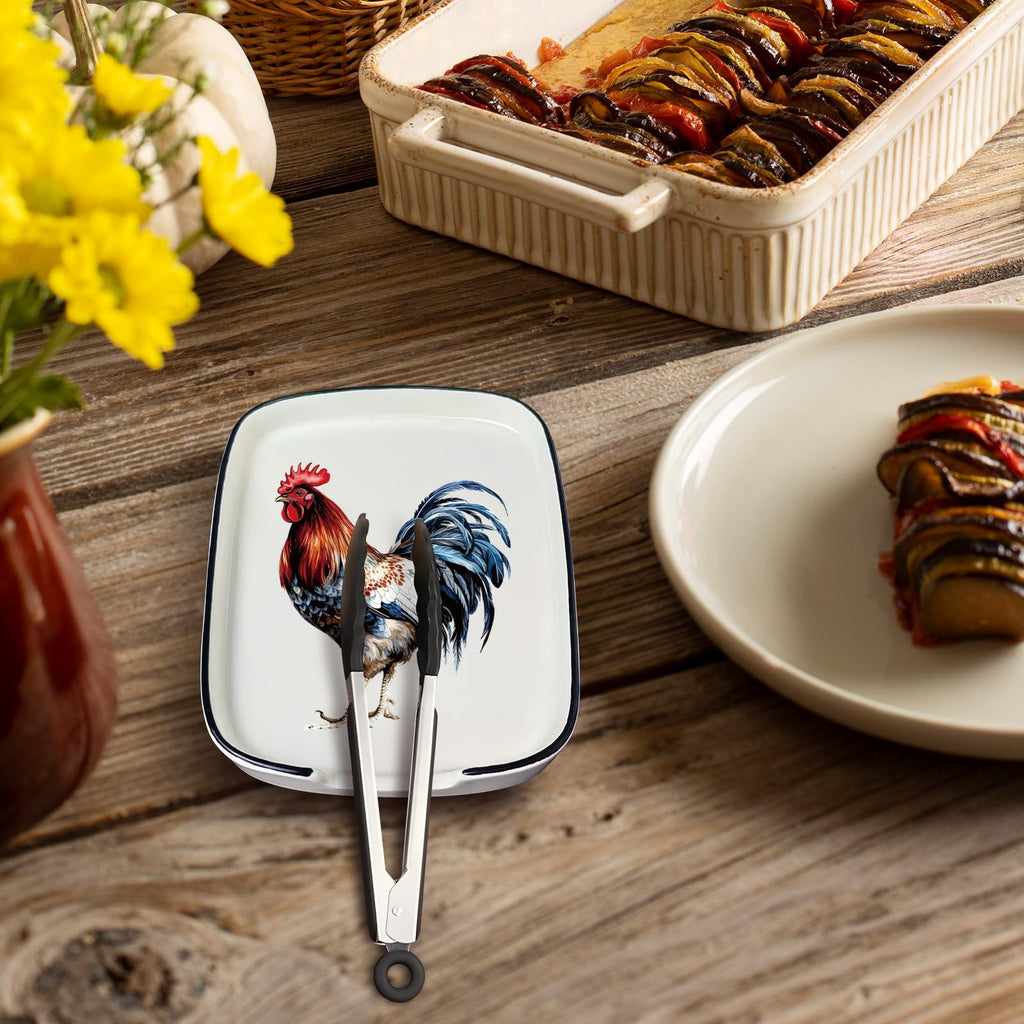 Funny Cute Rooster Ceramic Spoon Rest - Large Heat Resistant Kitchen Utensil Holder for Stove & Countertop - Farmhouse Decor, Chicken Themed Cooking Accessory - Perfect Housewarming Gift ﻿