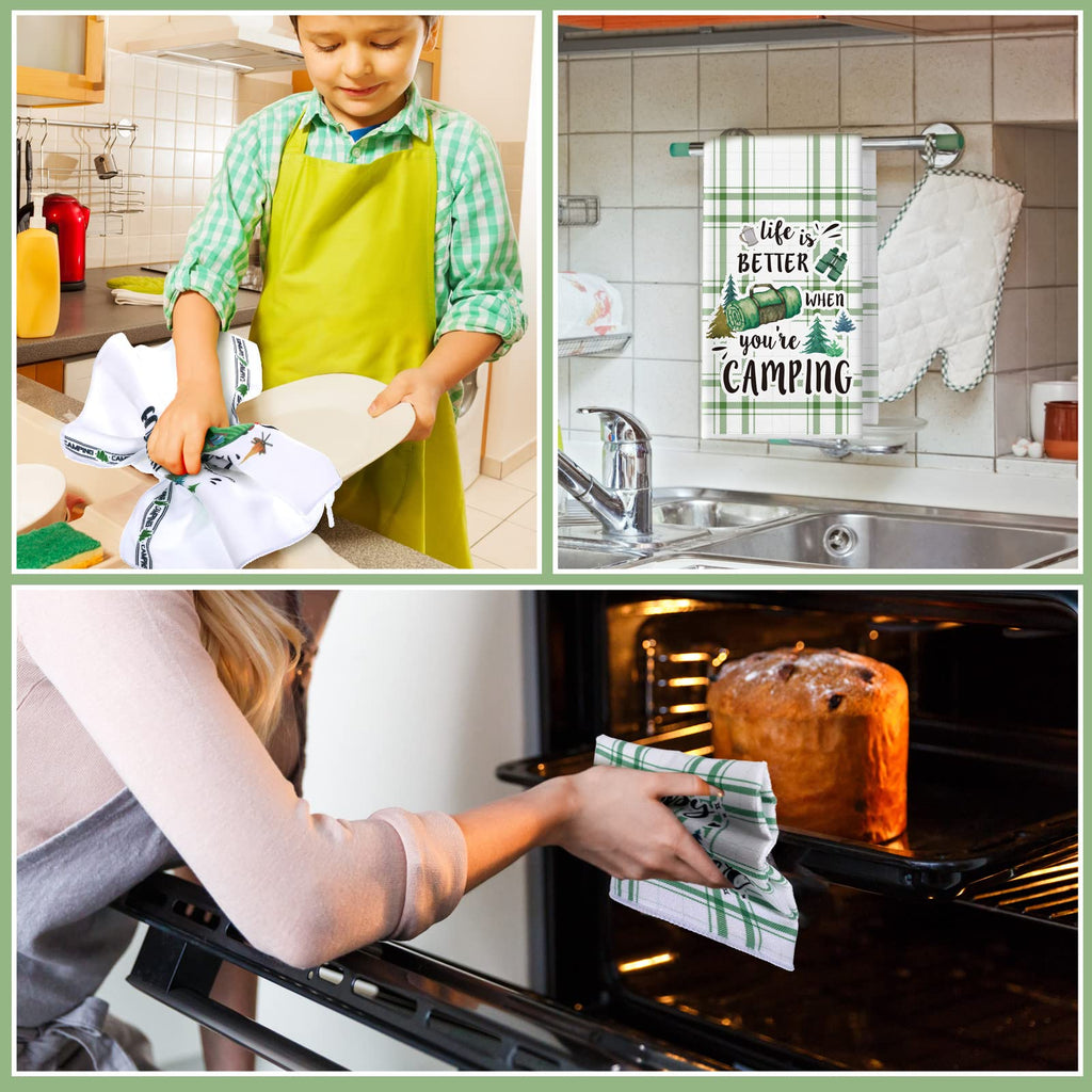 Redbaker 6 Pcs Camping Kitchen Towels Bonfire Tent Car Dishcloth Outdoors Happy Camper Hand Tea Towels Decorative Set Absorbent Camping Decor with Hanging Loop for Camper Gifts RV Accessories(White)