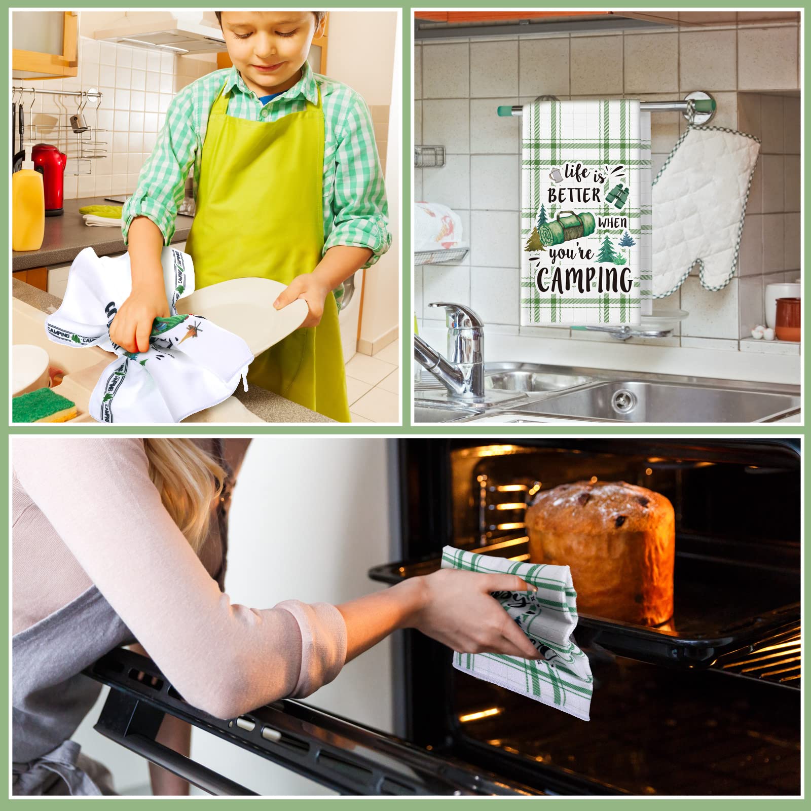 Redbaker 6 Pcs Camping Kitchen Towels Bonfire Tent Car Dishcloth Outdoors Happy Camper Hand Tea Towels Decorative Set Absorbent Camping Decor with Hanging Loop for Camper Gifts RV Accessories(White)