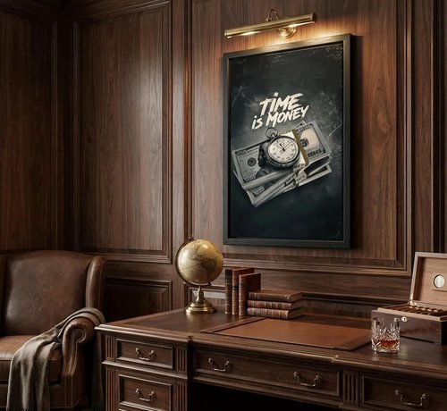 Framed Time Is Money Canvas Wall Art - Motivational Office Decor | Inspirational Quotes for Home & Bar