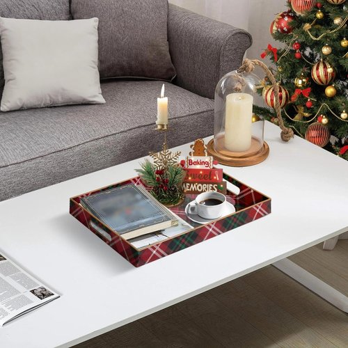 MAONAME Christmas Decorative Tray, Plastic Red Serving Tray with Handles, Modern Rectangular Christmas Trays, Coffee Table Trays for Living Room, Home Decor, 15.7" x 11.8" x 1.6"