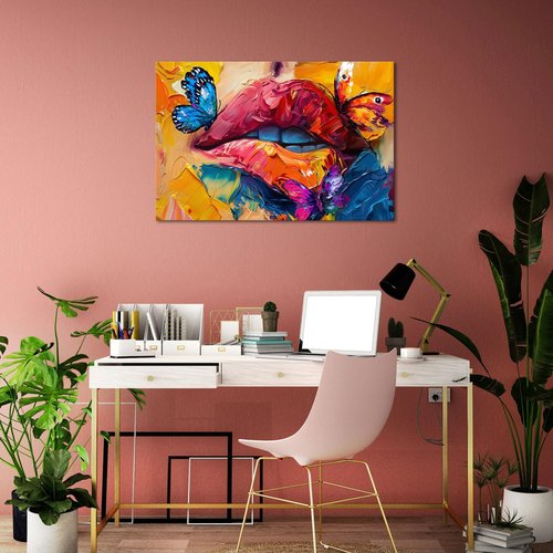 iHAPPYWALL Abstract Lip Canvas Wall Art Graffiti Paintings Colorful Mouth Butterfly Picture Pop Art Posters Prints Modern Romantic Bedroom Decor Framed