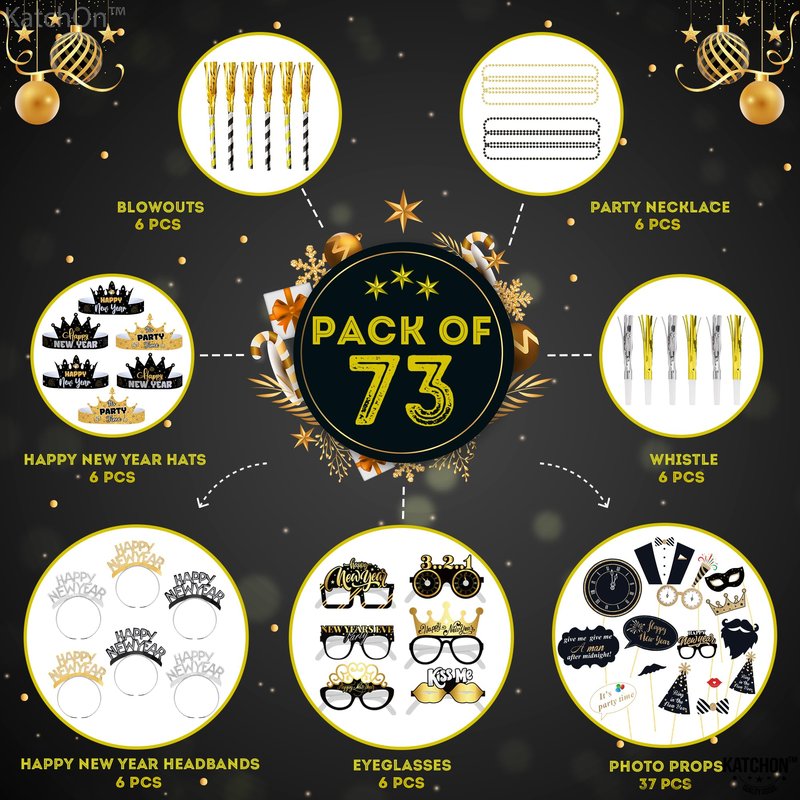 KatchOn, New Years Eve Party Favors - Pack of 74 | Happy New Year Glasses, Photo Props, Hats and Noise Makers | New Years Headband 2026, New Year's Eve Party Supplies for Happy New Year Decorations