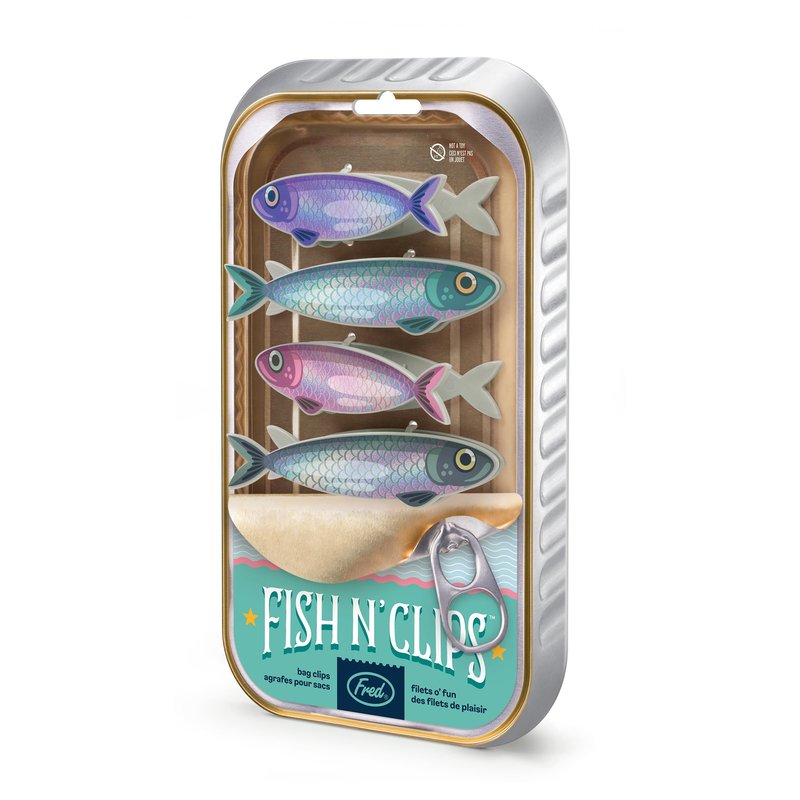 Genuine Fred FISH 'N CLIPS Sardine Bag Clips, Set of 4 Food Storage Clips, Iridescent Finish, Double-Sided, Durable Plastic and Stainless Steel Springs, Fun Kitchen Accessories and Great Gift