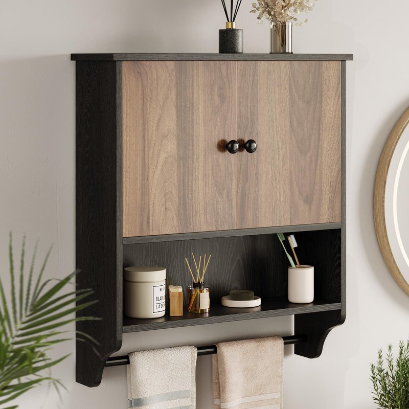 LuyFuitre Bathroom Wall Cabinets, Medicine Cabinet with Open Partition and Towel Bar for Bathroom, Living Room, Kitchen, Black & Walnut