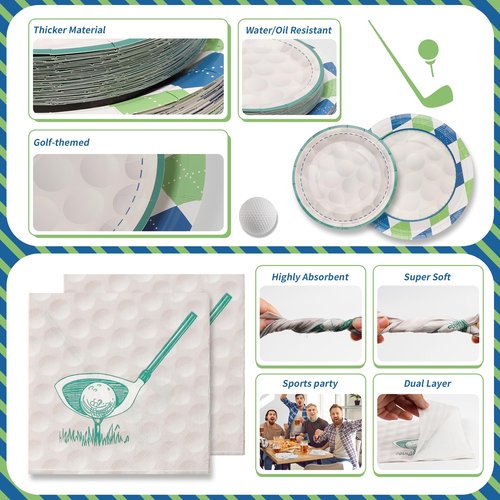 RVXHUA 150PCS Golf Party Decorations - Disposable Plates and Napkins for 50 Guests, Paper Tableware Supplies for Birthday Parties, Baby Shower, Game Day, Team Event, and Themed Celebration