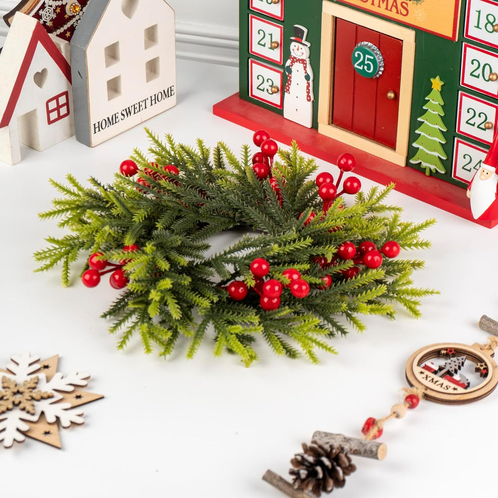 Regine Switzerland Christmas Candle Rings - 11.6 Inch Artificial Pine & Red Berries | Perfect for Holiday Decor & Centerpieces