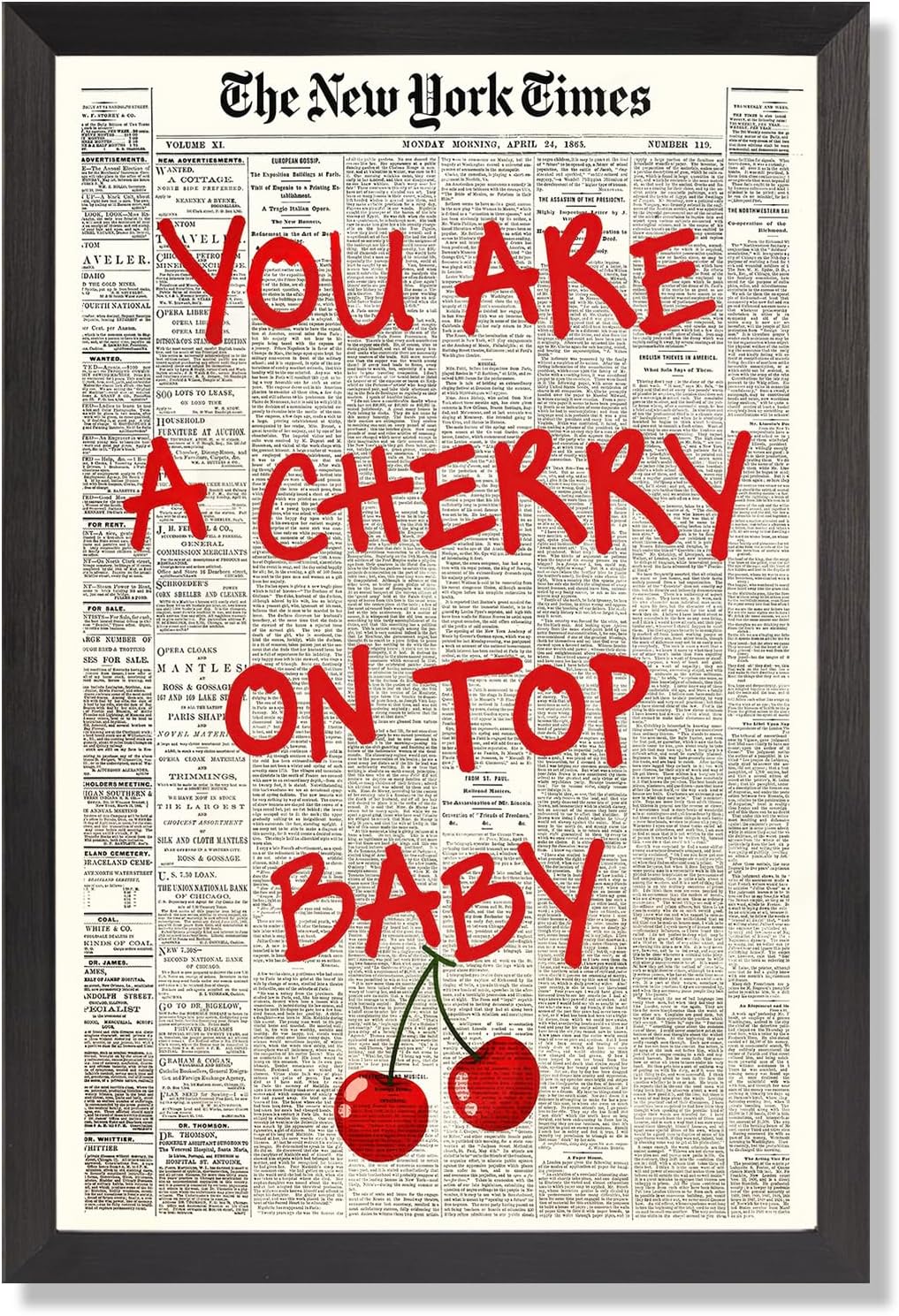 Skiennix Black And White Newspaper Canvas Wall Art - Inspiring "You Are A Cherry On Top" Quote | 8x10in Framed Decor