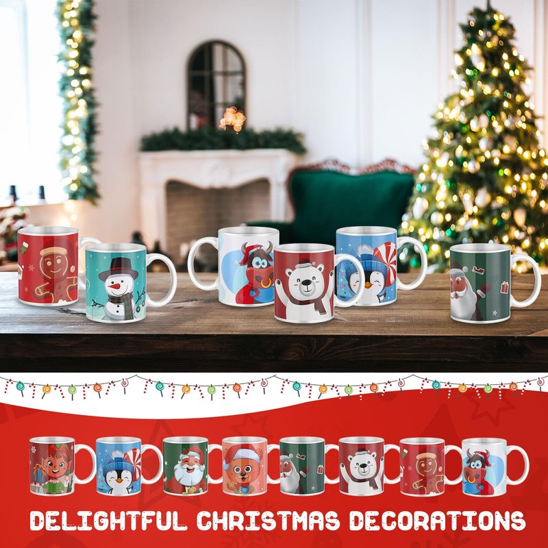 Tioncy 12 Pcs Christmas Coffee Mugs Set 11 oz Ceramic Christmas Mugs with Handle Ceramic Matching Cups Holiday Party Stackable for Home Centerpieces Housewarming Holiday Party Gift(Classical)