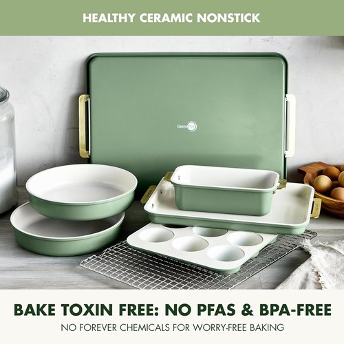 GreenPan Bakeware Set - 7 Piece Nonstick Ceramic Baking Essentials | PFAS & BPA Free, Sage Green