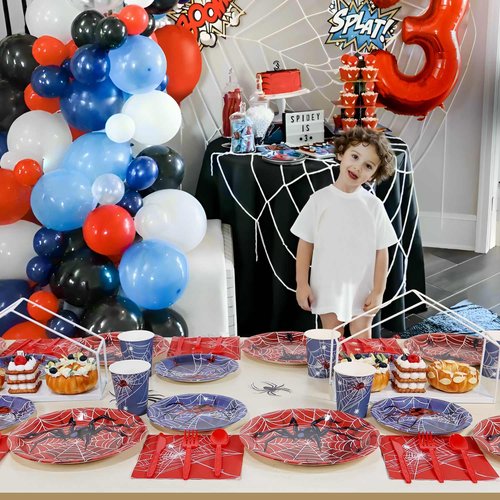 175Pcs Spider Web Birthday Decorations Plates Set 25 Guests Spider Theme Paper Plates Napkins Cups Tableware Party Supplies