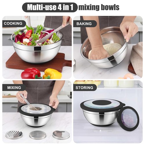 E-far Mixing Bowls with Lids Set, 15PCS Stainless Steel Mixing Nesting Bowl with Colander & 3 Metal Grater for Kitchen Prep/Baking/Storage, Non-Slip Bottom & Airtight Lid, 4.6, 3, 1.5, 1, 0.7QT, Black