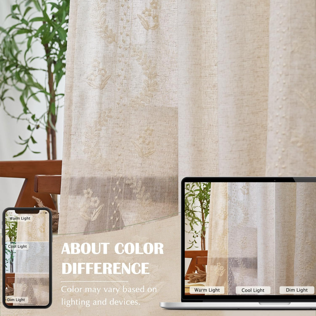 jinchan Belrose Linen Curtains for Bedroom Floral Curtains 90 Inch Length Linen Blend Ivory Embroidered Drapes Farmhouse Flower Patterned Drapes for Living Room Window Treatments Set 2 Panels