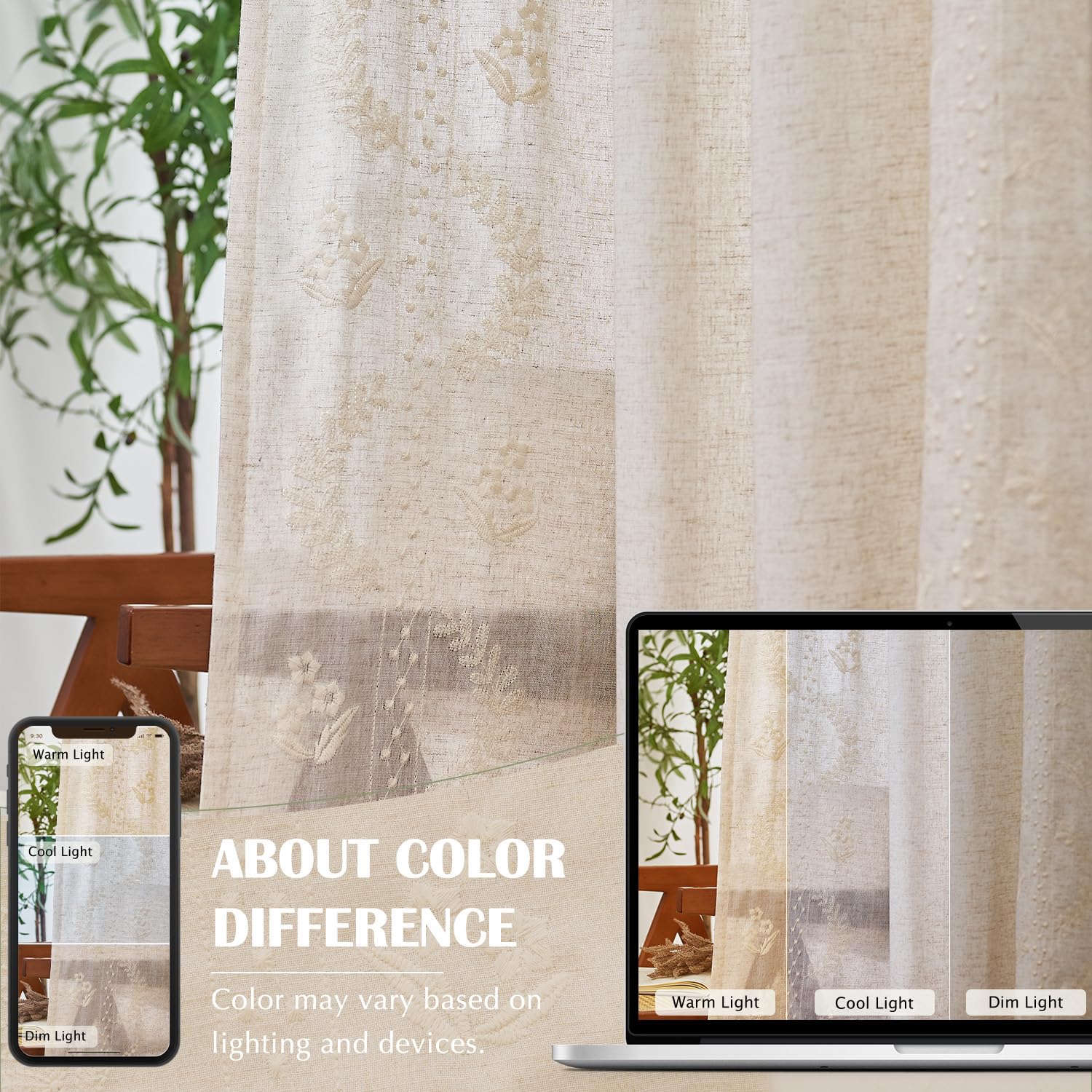 jinchan Belrose Linen Curtains for Bedroom Floral Curtains 90 Inch Length Linen Blend Ivory Embroidered Drapes Farmhouse Flower Patterned Drapes for Living Room Window Treatments Set 2 Panels