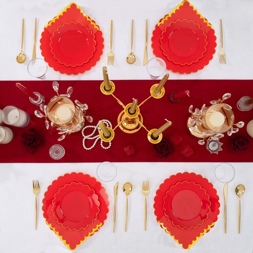 LIYH 210 Pcs Red Plastic Plates - Red Disposable Plates and Napkins Set, Gold Scalloped Plastic Plate Include Dinner & Dessert Plate, Silverware, Cups for Valentine's Day 30 Guests