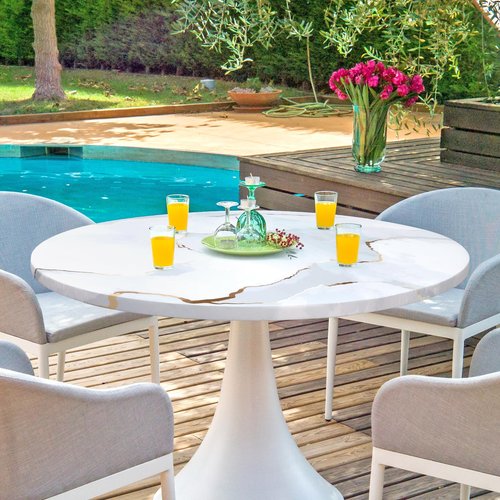 Betylifoy Round Vinyl Fitted Tablecloth with Elastic Edge Waterproof Table Cloth White Marble Wipeable Table Cover Fits 45"-56" Round Tables for Dining Picnic Camping