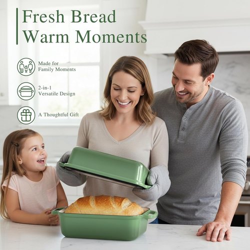 Cast Iron Bread Pan by [Brand Name] - 11x5 Inch Sourdough Baking Pan with Lid | Even Heat Distribution, 5.8Qt, Pistachio