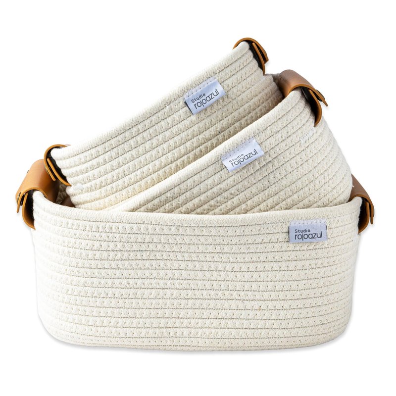 Rope Storage Basket with Leather Handles - Stylish Nursery Storage Bins - Multipurpose Woven Rope Basket - Durable Cotton Organizer - Perfect Gifts for Kids' Room - Small Woven Basket - 3 Sizes