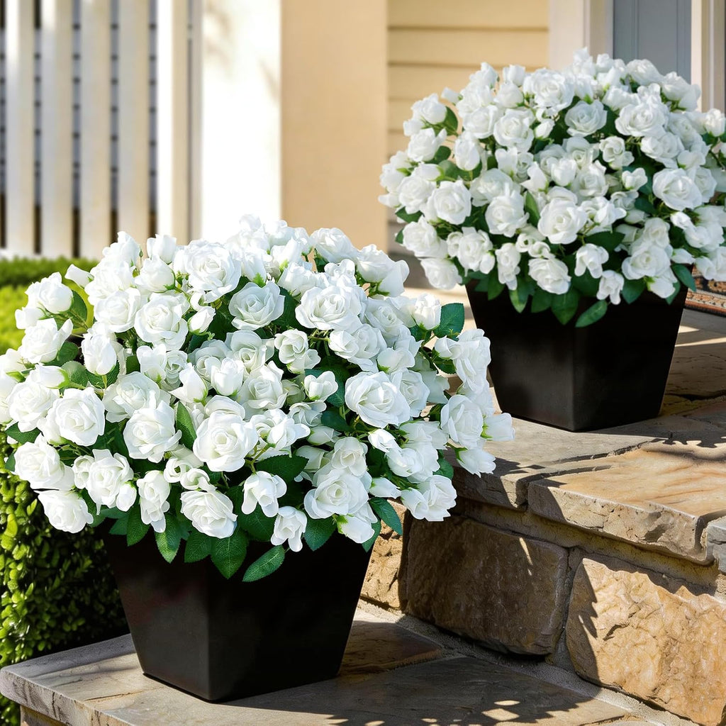 Skiennix Artificial Roses - Realistic Faux Silk Bouquets for Outdoor Decor | 8 Bundles in White