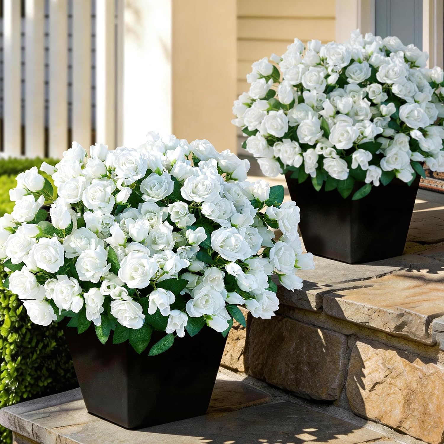 Skiennix Artificial Roses - Realistic Faux Silk Bouquets for Outdoor Decor | 8 Bundles in White