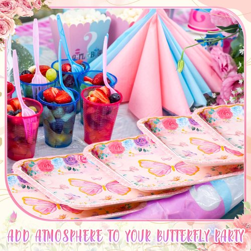 Potchen 100 Pcs Butterfly Dessert Plates Bulk 7 x 7 Inch Disposable Pink Butterfly Paper Plates Square Gold Foil Dessert Plates for Butterfly Spring Party Decor Supplies