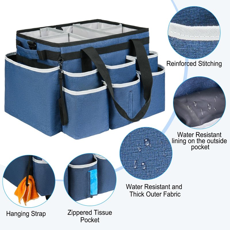 ZIOZERTT Large Rolling Cleaning Caddy Bag with Detachable Trolley,Cleaning Cart on Wheels with Shoulder Strap,Cleaning Supplies Organizer for Housekeepers,Blue