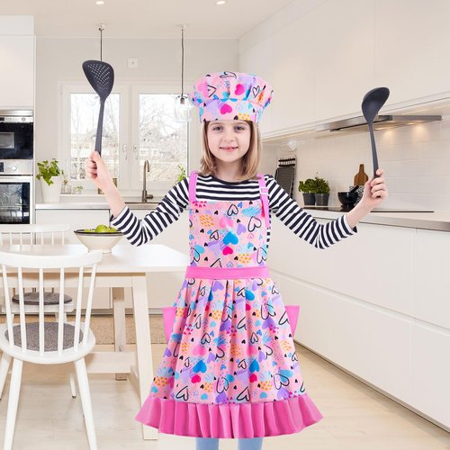 MHJY Kids Apron Hat Set for Girls Vintage Pleated Skirt Aprons with Adjustable Strap Pockets for Baking Cooking (8-12 Years)