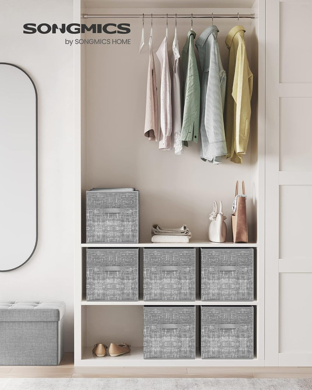 SONGMICS Storage Cubes - 11.8-Inch Non-Woven Fabric Bins with Double Handles - Set of 6 in Cattail Gray for Closet Organization
