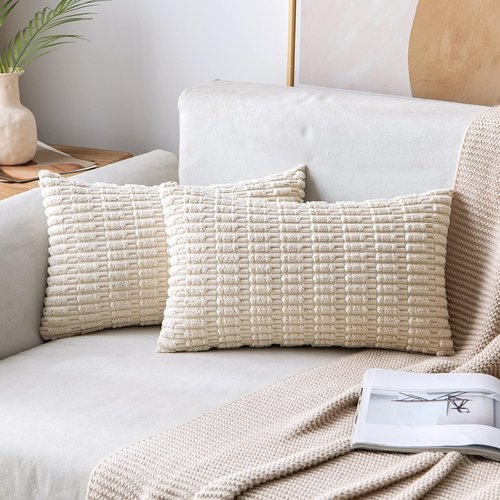 MIULEE Corduroy Lumbar Throw Pillow Covers - Soft Boho Striped Design, 20x12 Inch, Cream White | Modern Farmhouse Decor