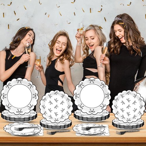 Bowtique 96-Piece Black & White Bow Party Decorations | Elegant Tableware for 24 Guests