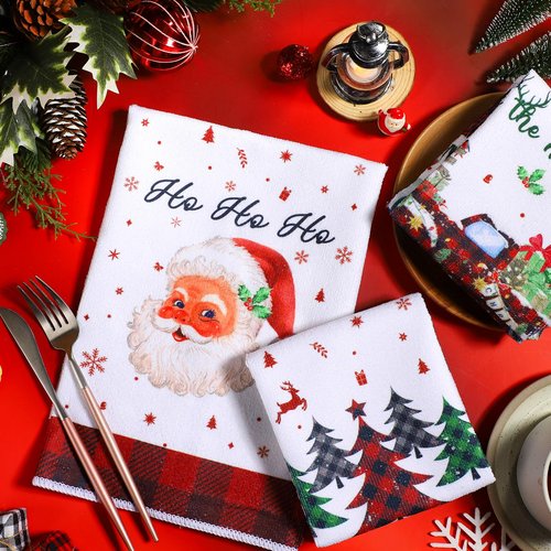 Oudain 6 Pcs Christmas Kitchen Towels Christmas Hand Towels Buffalo Plaid Xmas Tree Snowman Dish Cloths 24 x 16 Inch Santa Truck Decorative Tea Dishcloths for Home Kitchen Bathroom Winter Xmas Gifts
