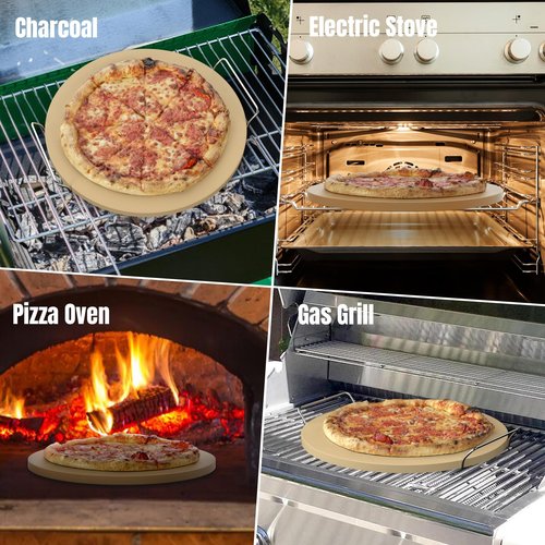 Caprihom Round Pizza Stone for Grill 16 inch with Handles - Heavy Duty Cordierite Pizza Stone for Oven -Thermal Shock Resistant Baking Stone, Includes Metal Rack & Scraper
