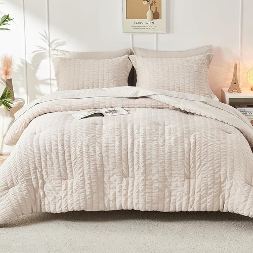 HYMOKEGE Queen Comforter Set - Lightweight 3-Piece Bedding Set with Down Alternative Comforter & Pillow Shams | Beige